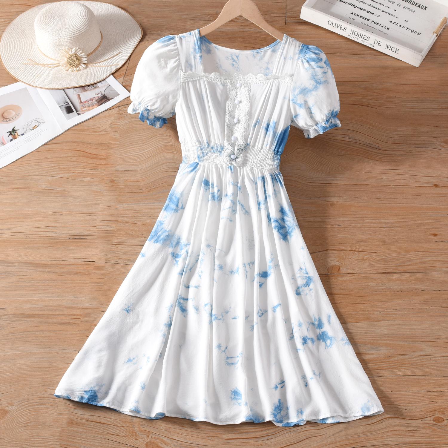 Yunnan Tie-Dye Women s Summer Short Sleeve Square Neck Lace Trim Waist-Cinch Puff Sleeve Dress One Size