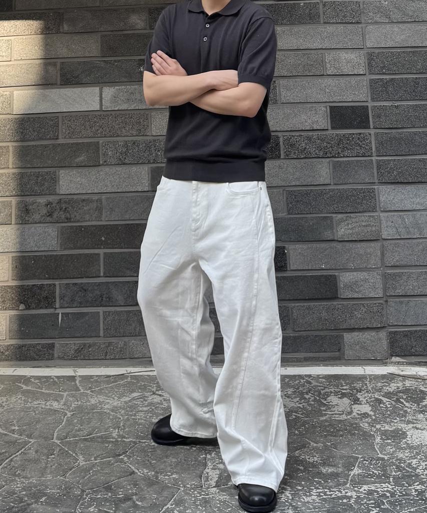 Jikeulib White Curved Cut-Line Wide Cotton Pants
