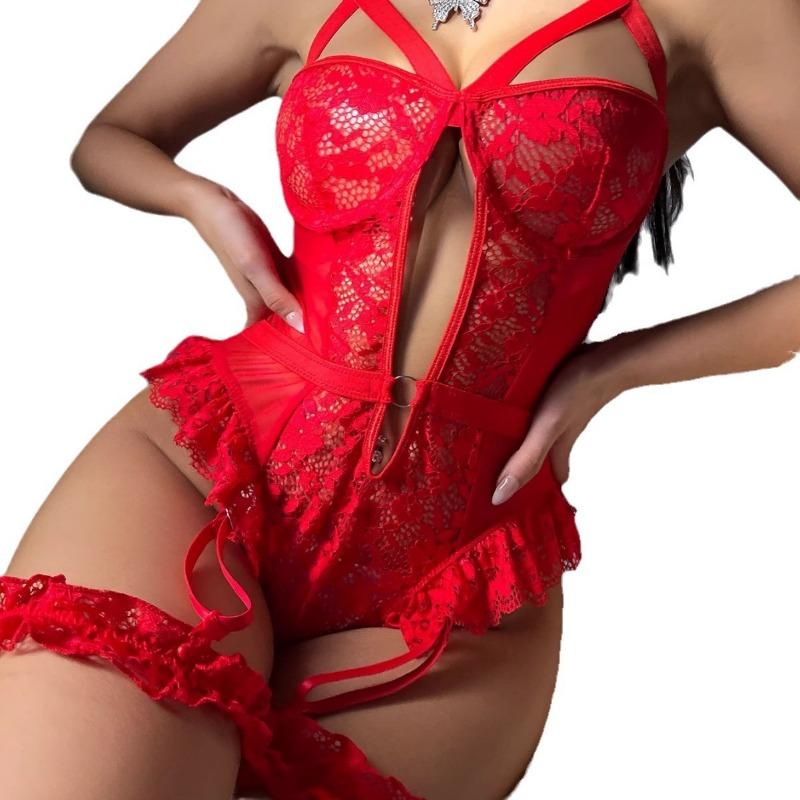 New Sexy Lace Hollow Perspective Suspender One-piece Erotic Underwear Onesie with Leg Rings