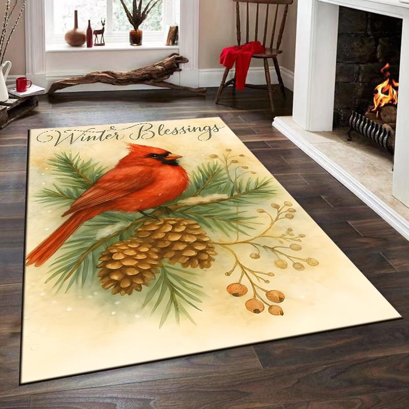 Red Cardinal with Winter Blessings Text Non-slip rug suitable for living room and bedroom sofas