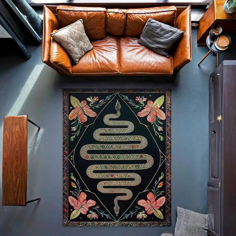 Gothic Snake Area Rug Celestial Serpent Floral Carpet Dark Purple Night Sky Living Room Bedroom Decor Rugs 40cm x 60cm