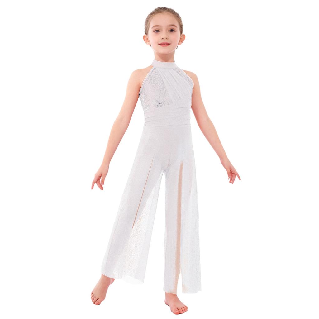 Salopetă Lirică pentru Fete Copii: Body fără mâneci cu guler înalt și spate cu bretele încrucișate, cu paiete strălucitoare și plasă irizată, cu craci largi