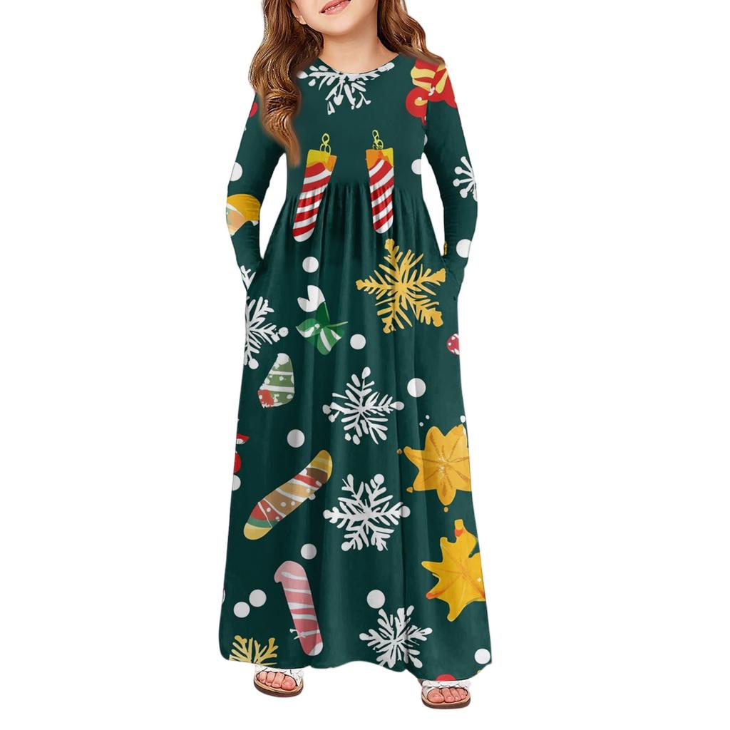 Girls' Maxi Dress - Long Sleeve Pocket Dress Christmas Day