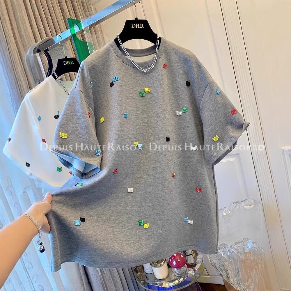 Women's Summer Loose Fit Korean Embroidered T-Shirt - Unique Straight Shoulder Short Sleeve Top