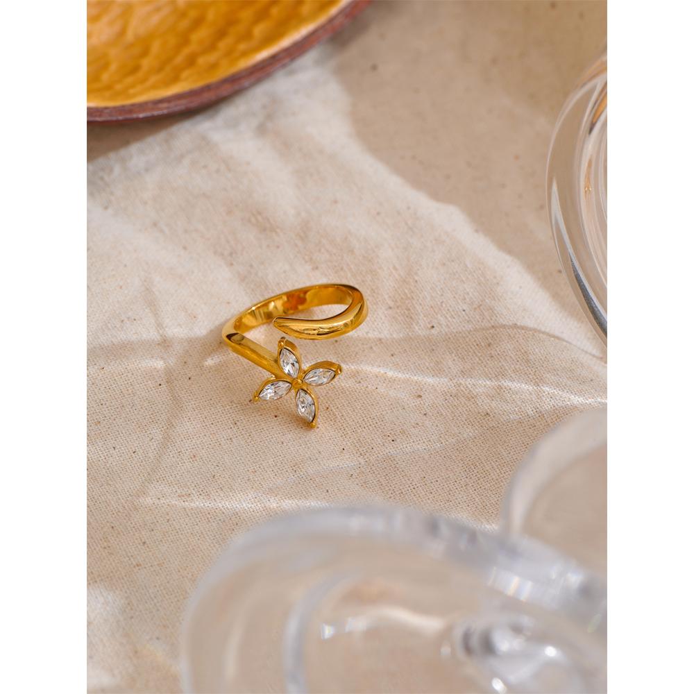 Yhpup Anneau Ouvert Fleur Ajustable en Acier Inoxydable Doré PVD 18K Bling Zircone Cubique Mode Doigt Bijoux Accessoires Cadeau