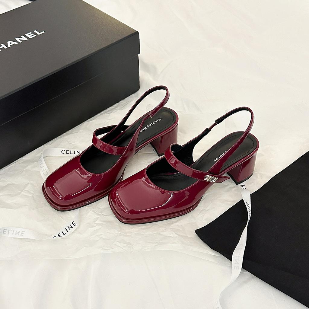 E9-6 French bag head medium heel single shoes women's spring new fairy style square head thick heel Mary Jane rear empty single shoes women