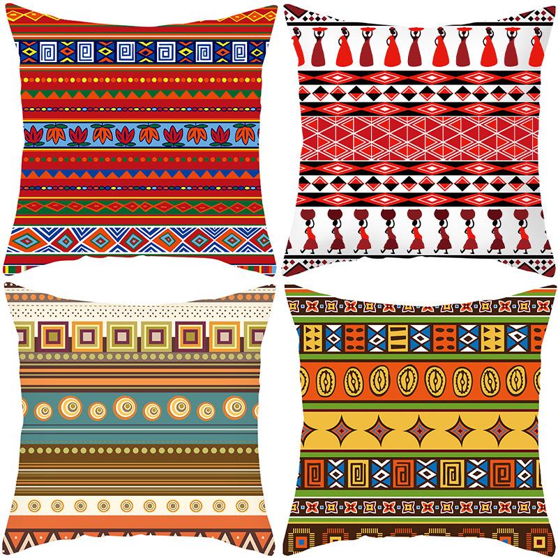 Ethnic Style Retro Red Printed Striped Pillowcase Peach Leather Velvet Pillowcase