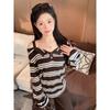 Autumn New Striped Shoulder Strap Off-shoulder One-shoulder Slim Long-sleeved Top Autumn Versatile Women's Clothing Trend