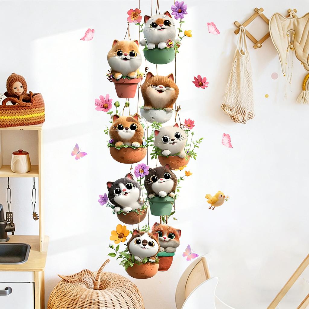 Hanging Cat In Flower Pot Wall Sticker Cute Colorful Cat Floral Butterfly Self-Adhesive Waterproof Bedroom Living Room Home Decor