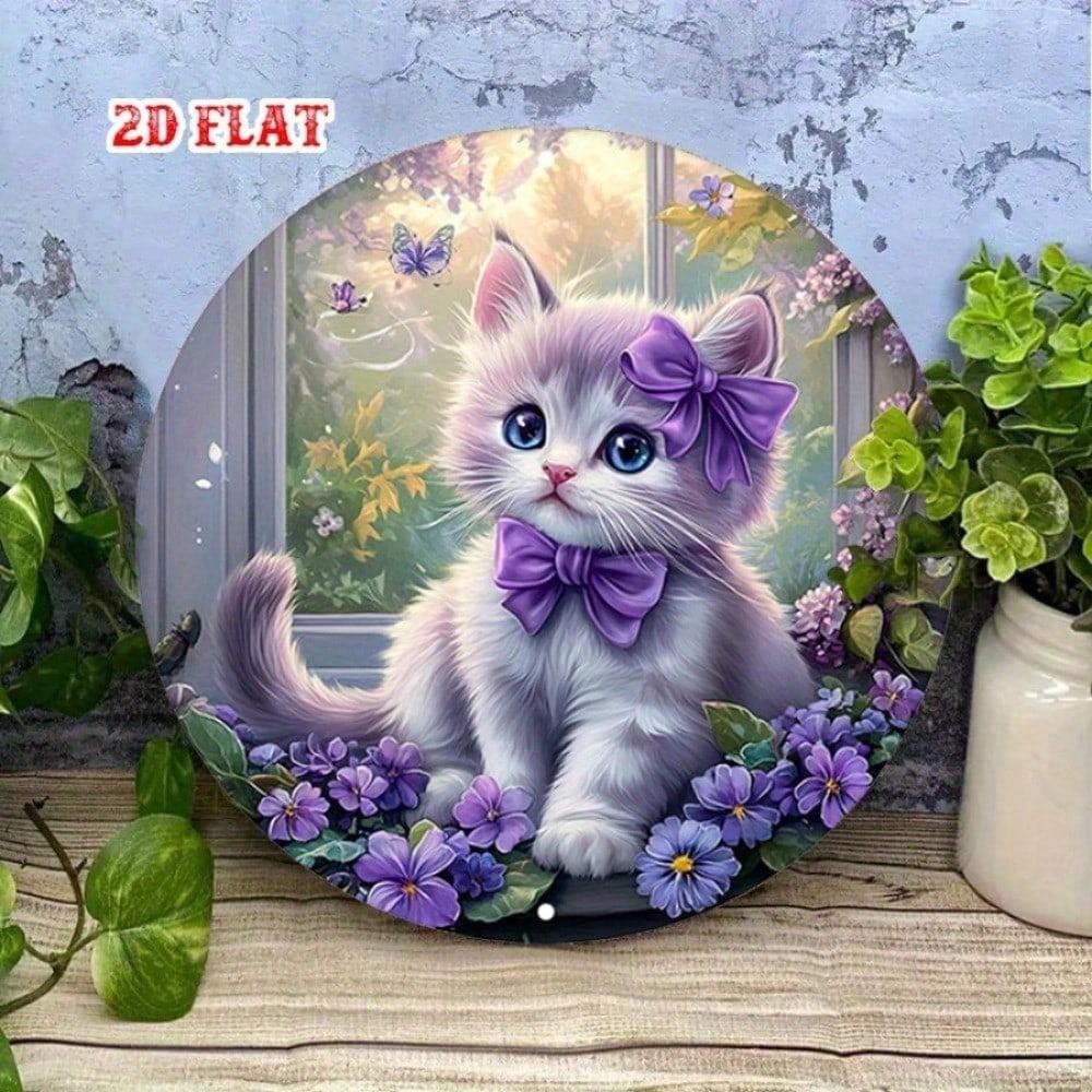 Cute Kitten Purple Floral Round Metal Wall Sign Vintage Iron Art Home Bedroom Decor Pet Lover Gift 8x8 Hanging Plaque