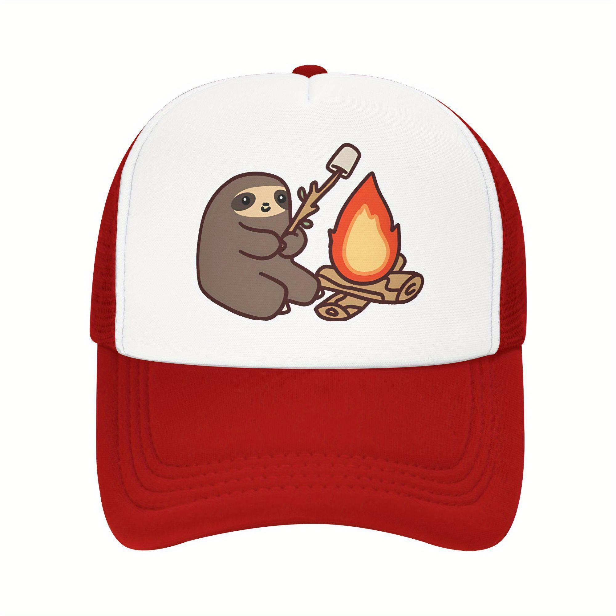 Sloth Roasting Marshmallow Campfire Trucker Hat Breathable Mesh Adjustable Baseball Cap Casual One Size