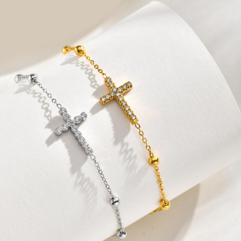 Crystal Cross Bracelet 18K PVD Plated Beads Chain Religion Jewelry for Women Stainless Steel Pulsera Cruz Bangle Waterproof