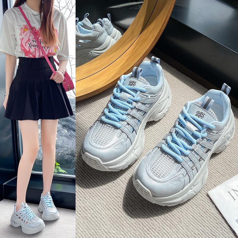 Spring Summer 2025 New Style Women's Casual Sneakers Vintage Thick Bottom Breathable Mesh Shoes Increased Height