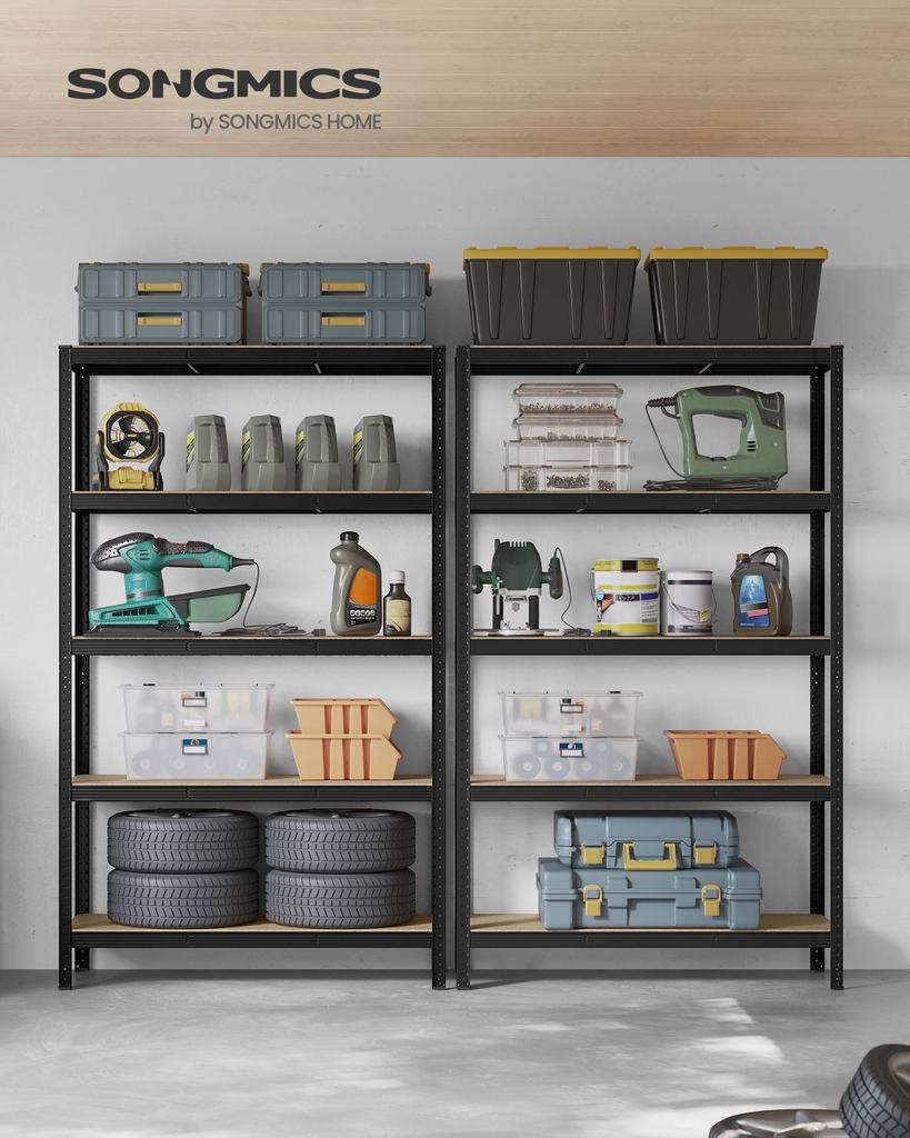 SONGMICS 5-Tier Shelving Unit, Steel Shelving Unit for Storage, Tool-Free Assembly, for Garage, Shed, Load Capacity 875 kg, 60 x 120 x 200 cm, Black