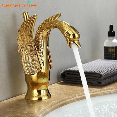 Grifo de lavabo dorado, montaje en cubierta, grifos cortos, forma de cisne, fregadero monomando, grifo mezclador de agua fría y caliente