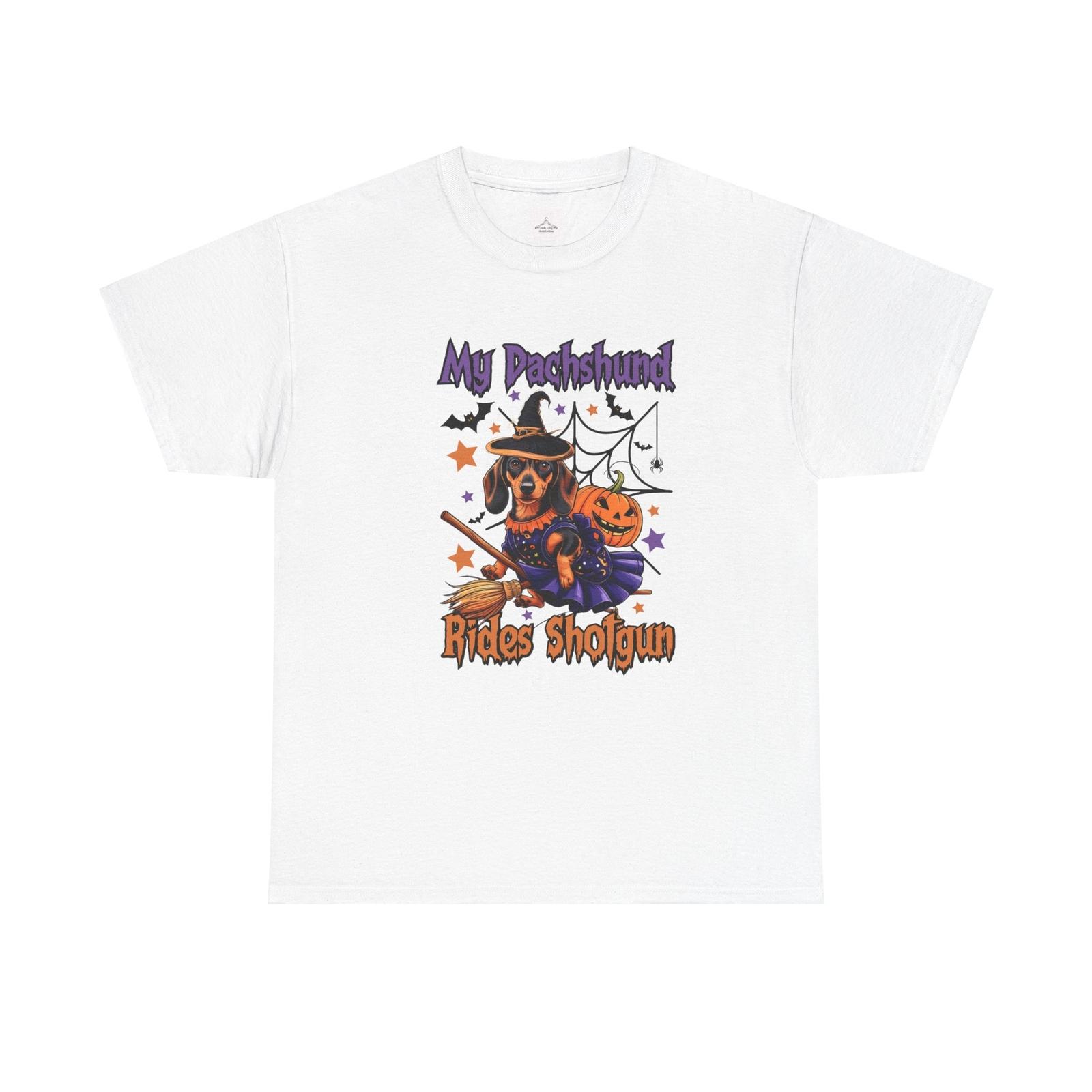 My Dachshund Rides Shotgun Halloween Unisex Heavy Cotton Tee S