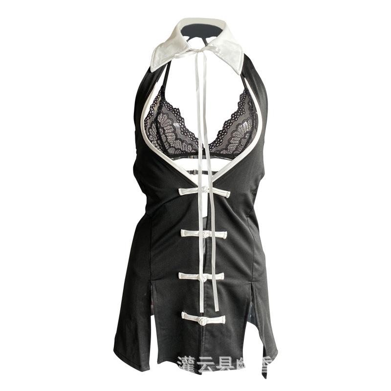 Erotic underwear women's lace free teasing perspective hollowed-out sexy cheongsam suit uniform temptation