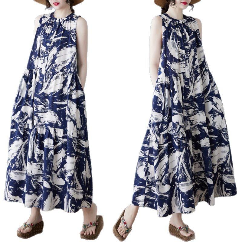2025 Summer New Temperament Retro Printed Chiffon Loose Stand-up Collar Sleeveless Medium and Long Dress