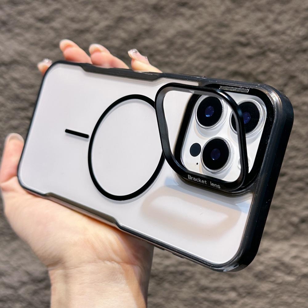 Magnetic Clear Armor Case For iPhone 11 12 13 14 15 16 Pro Max Plus Fold Lens Stand Holder Acrylic Hybrid Bumper Shockproof Cove