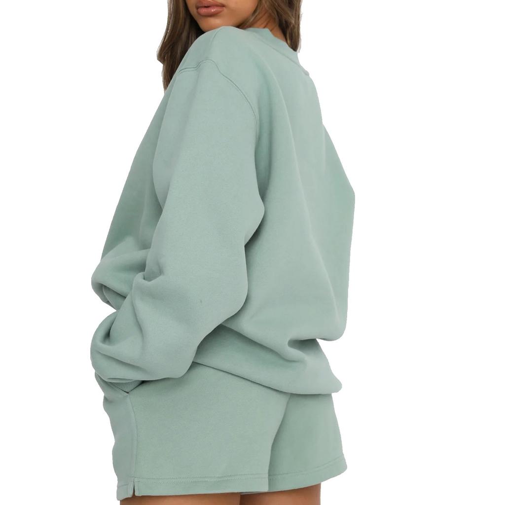 Women's Comfortable Casual Fashionable Solid Color Round Neck Sweatshirt Shorts Two-piece Set