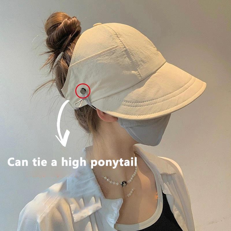 Foldable Wide Brim Ponytail Sun Hat Drawstring Adjustable Cap Summer Quick-Dry Visor Fisherman Capfor Women Beach Hat