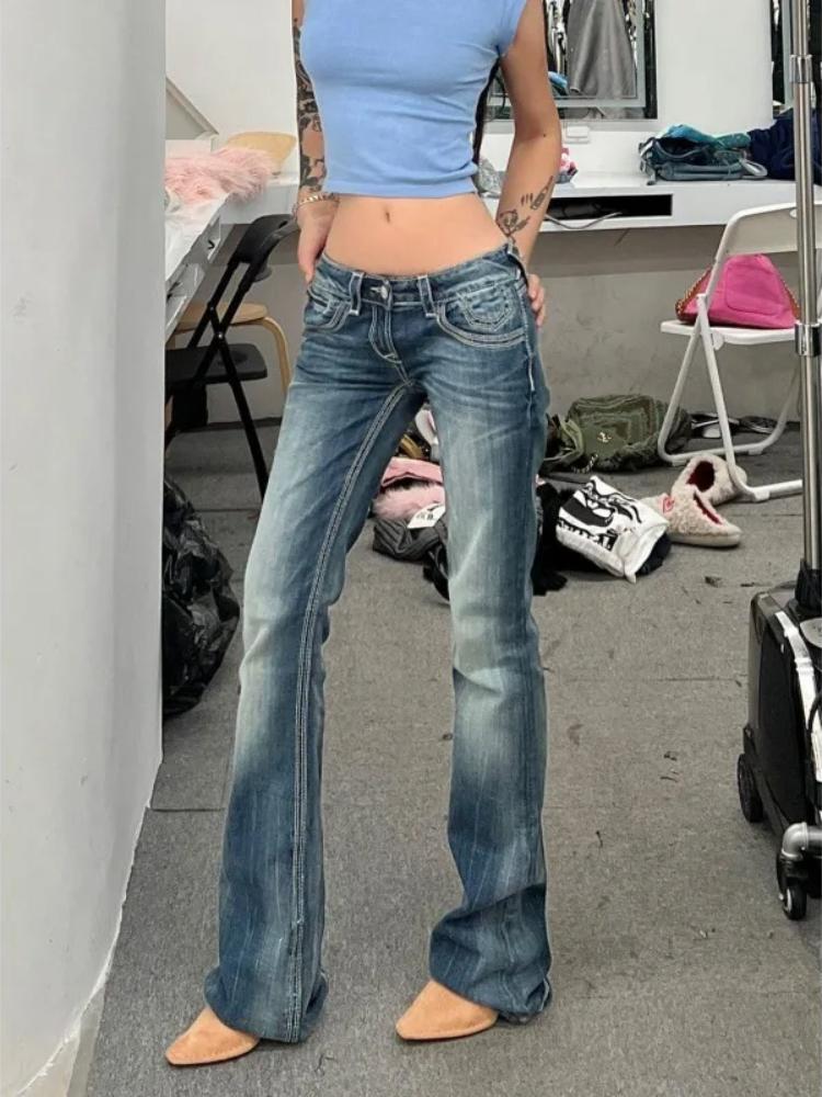 90s American Style Embroidered Micro Flared Jeans Women Retro Low