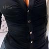 Elegant Women Solid Color Shirt Lapel Long Sleeve Office Tops Pleated Single Breasted Blouse Workwear