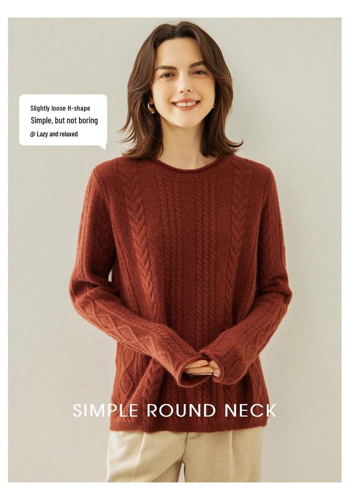 Women's Retro Cable Knit Cashmere Sweater, Round Neck with Rolled Hem, Thick Loose Fit, Cozy Inner/Base Layer.
