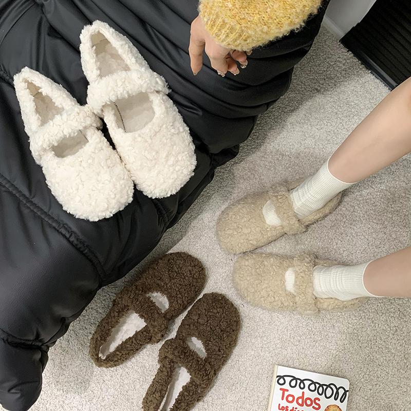Fur Lining Women Flats Shoes Concise Round Toe Slip On Shoes Comfort Warm Cotton Outdoor Shoes For Autumn Winter