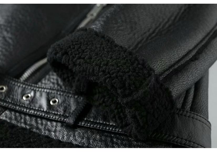 Women's Mid-length Lambswool Leather Motorcycle Jacket - European & American Winter Style
