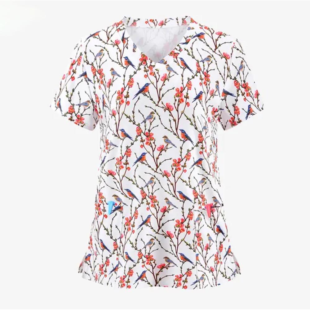 Scrubs Medical Uniforms Woman Fashion Floral Print Dental Nurse Tops V-Neck Short Sleeve Patch Pocket Tees Nurse Uniform Woman