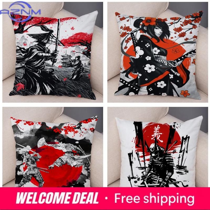 Kissenbezug im Japan-Stil Ink Warrior für Sofa Zuhause Doppeldruck Dekor Schöne Landschaft Mädchen Kissenbezug Weicher Plüsch Kissenbezug