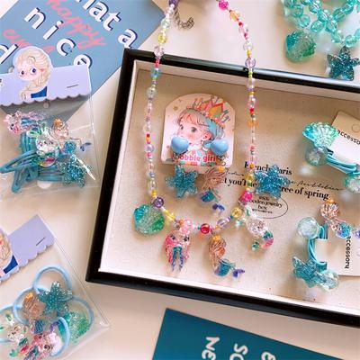 Children's Cute Resin Color Cartoon Marine Life Necklace for Girls' Early Spring Mermaid Shell Hair Rope Combination Set