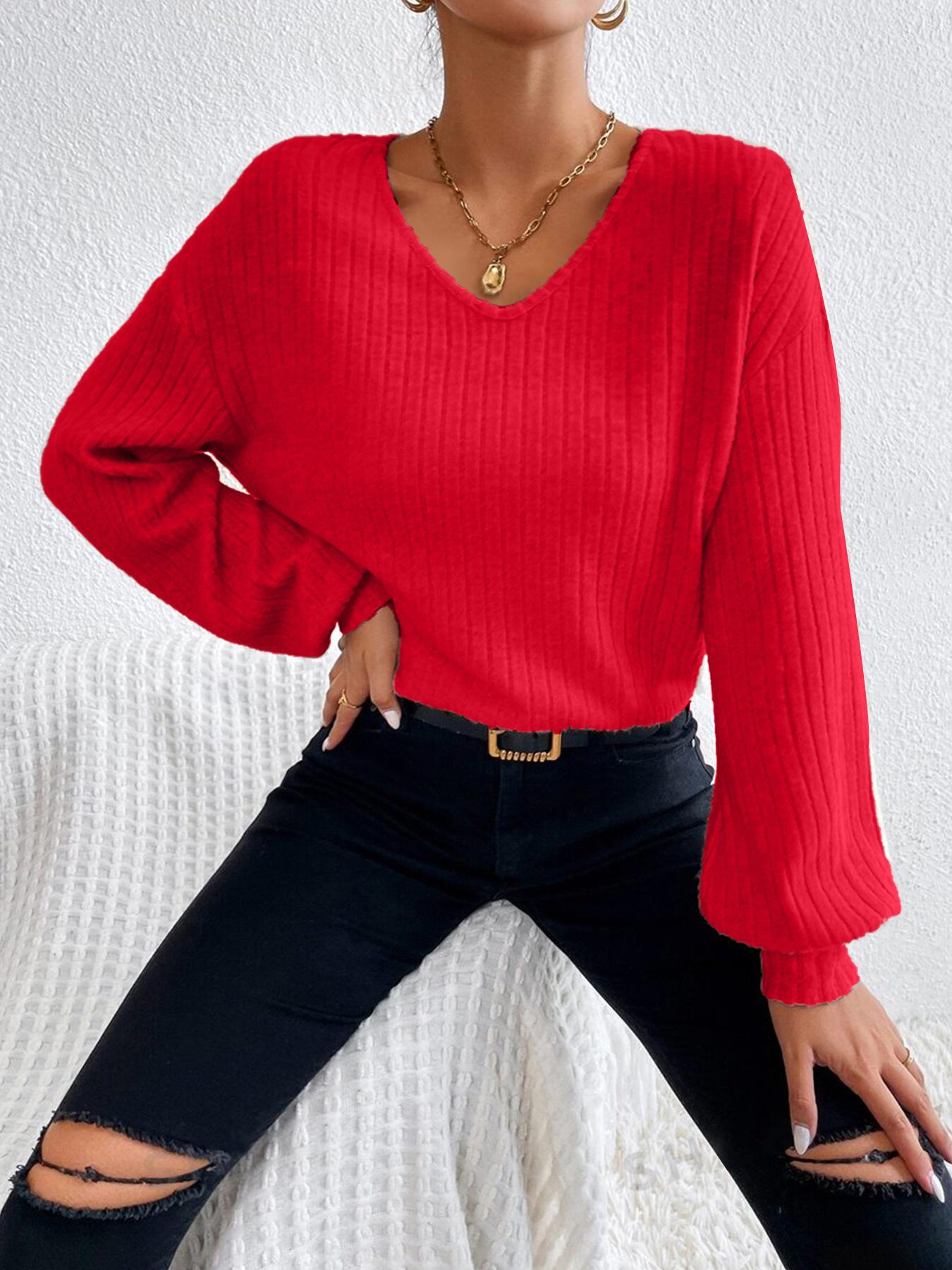 

Женский свитер с V-образным вырезом, спущенным плечом и рукавами-фонариками, осень/зима 2024 XXL красный