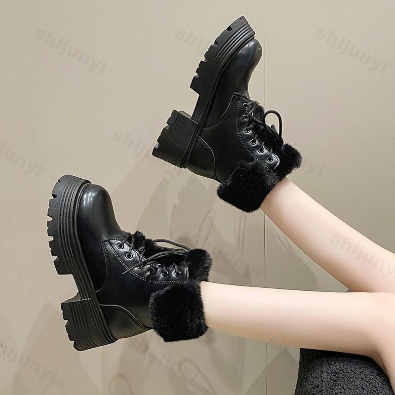 Women's Ankle Boots British-Style Plush-Lined Block-Heeled Warm Snow Boots Lace-Up Thick-Sole Short Boots for Women Botas Mujer
