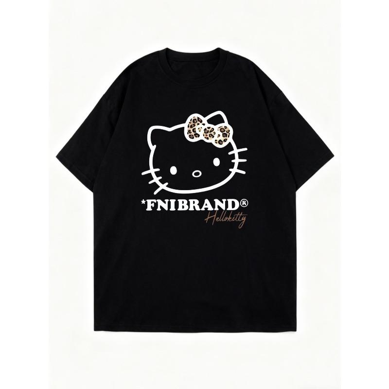 Oversized T Shirt Black Hello Kitty Leopard Print Bow And Fnibrand Logo Graphic For Casual Wear