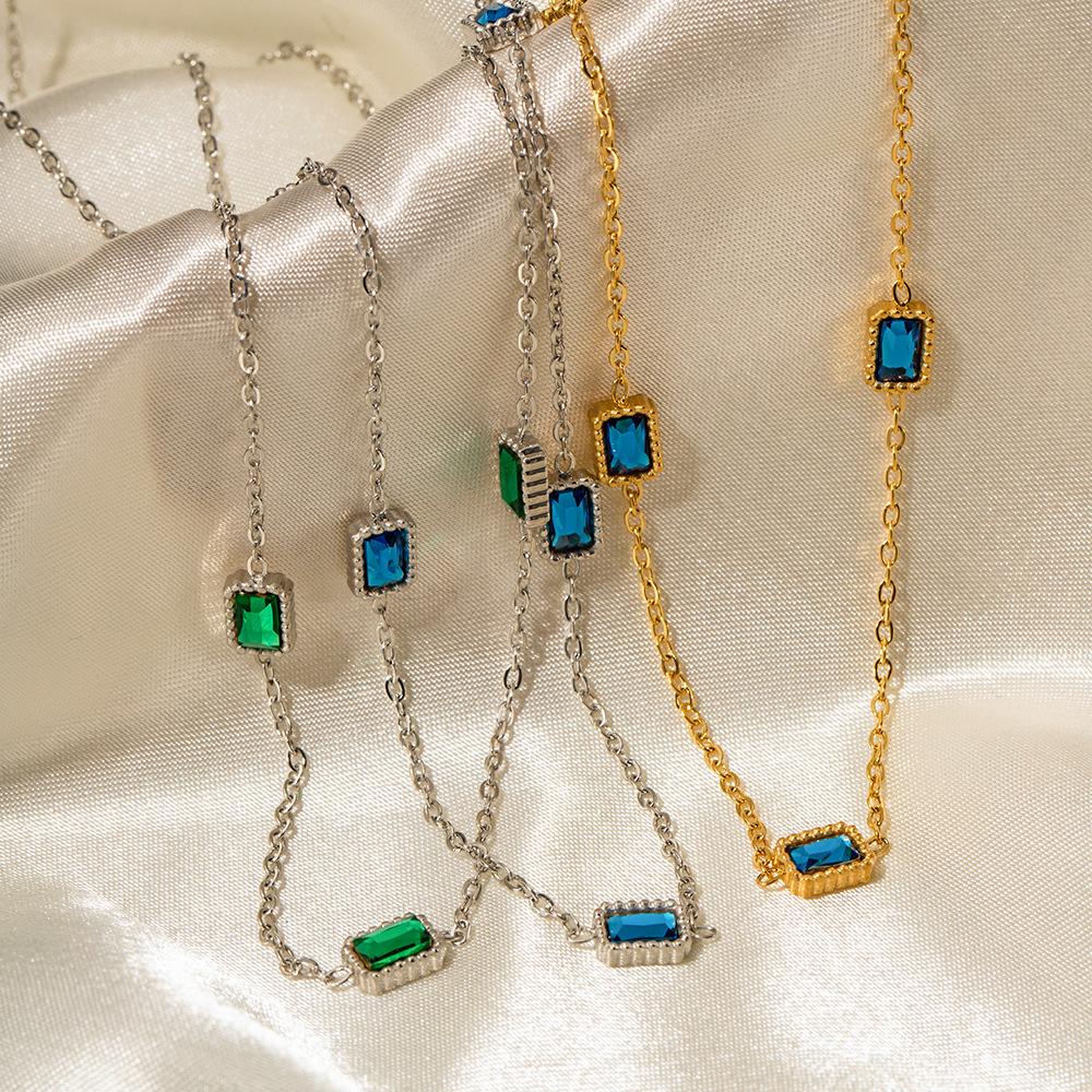 INS wind 14K gold stainless steel multiple square green zircon pendant necklace versatile clothing item