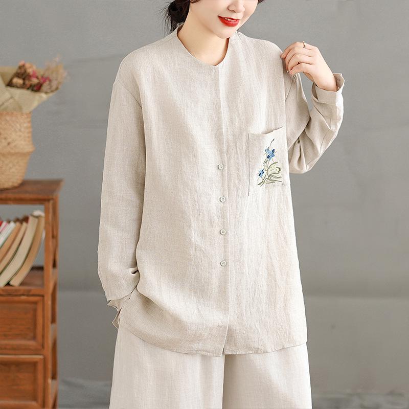 Camicia Lunga Ricamata in Cotone e Lino con Motivo Pioggia e Rugiada e Canapa per Donna - Top Casual Largo Artistico in Stile Cinese