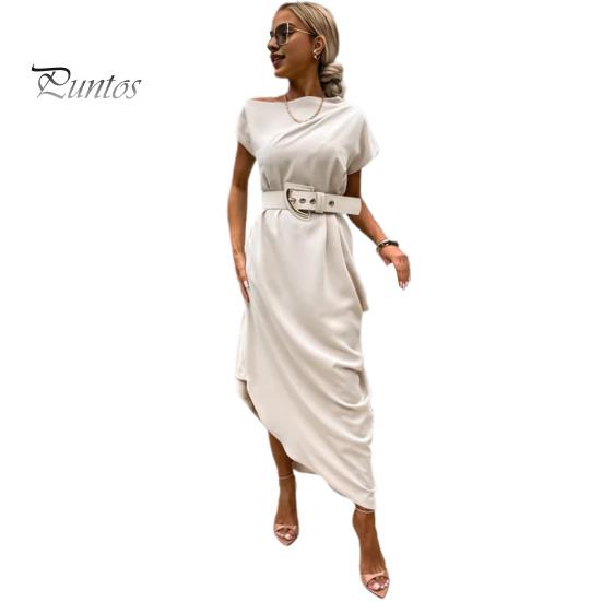 Summer Women Dress Irregular Short Sleeves One Shoulder Solid Color Baggy Ankle Length Tight Waist Slant Neck Lady Commute Prom Party Maxi Dress