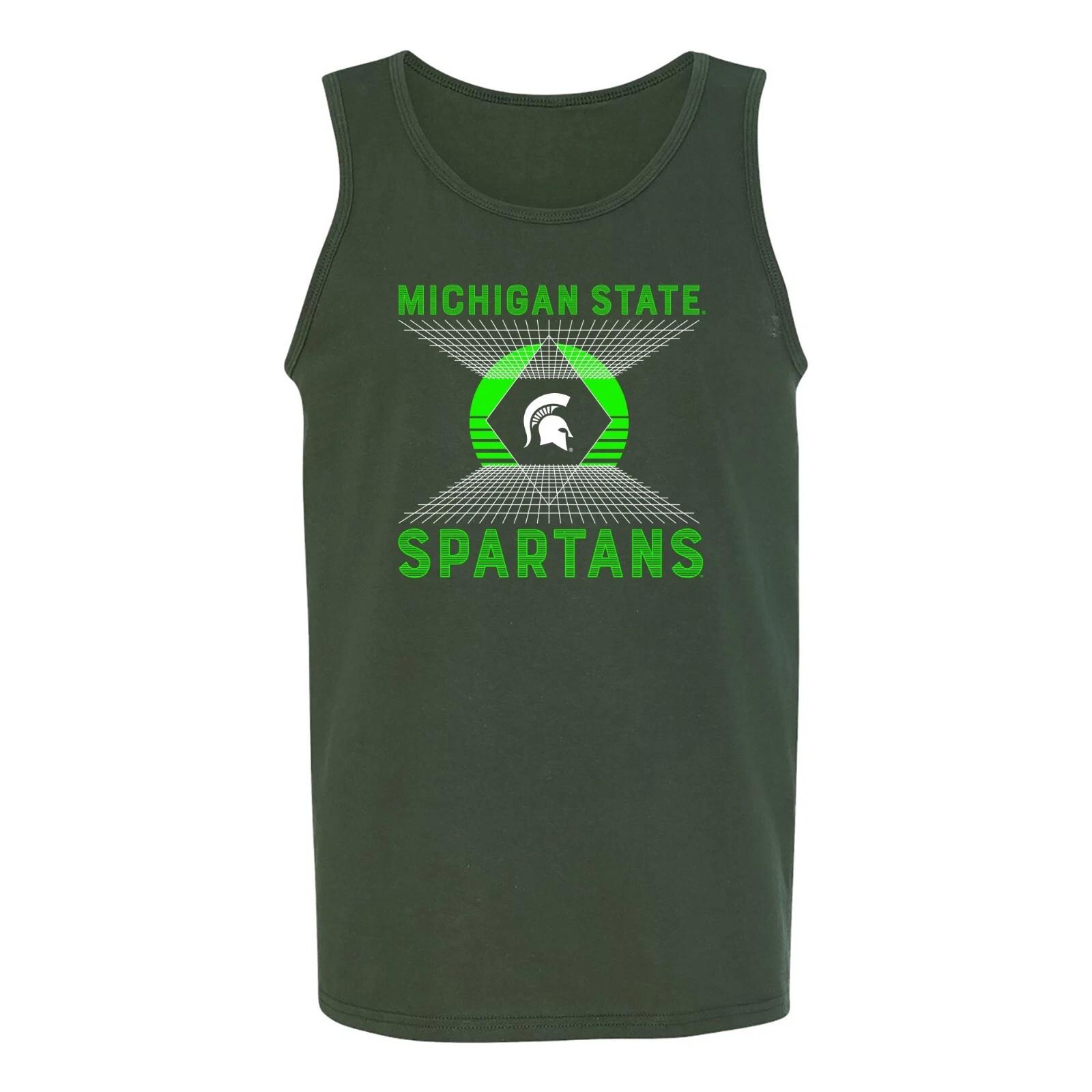 Michigan State Vaporwave Grid Cotton Tank Top - Forest 4XL