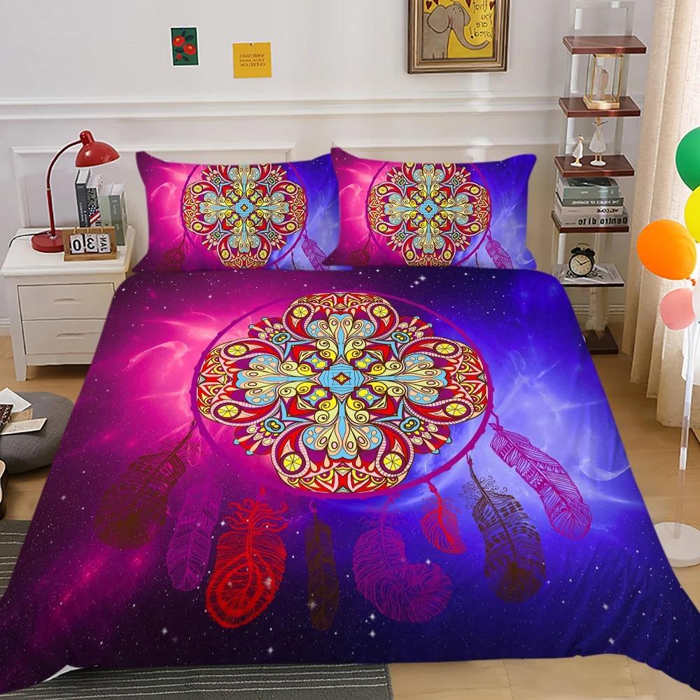 Dreamcatcher Duvet Cover Set Colourful Feather Flowers Sunset Background King Queen Size Comforter Cover for Girls Bedding Set