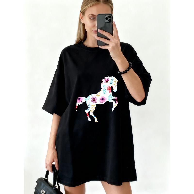 Oversized T Shirt Dress Black Floral Horse Print Casual Wear For Women