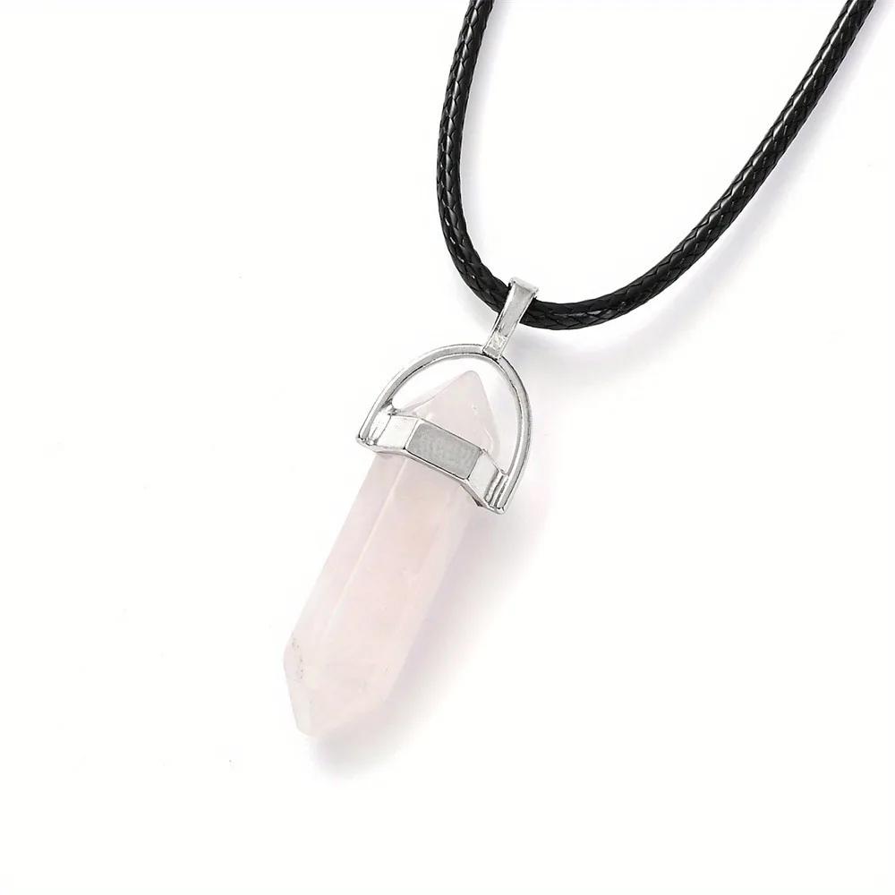 Natural Stone Pendant Necklace Women PU Leather Hexagonal Column Pointed Reiki Chakra Lapis Chunky Jewelry