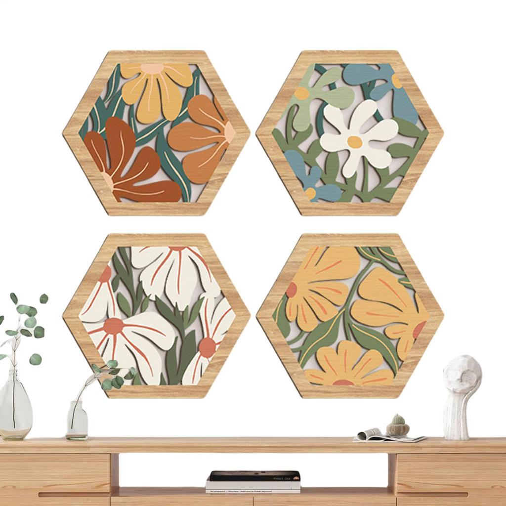 4pcs Bohemian Flowers and Plants Wooden Hanging Wall Decoration Morandi Geometric Hollow Home Hanging Wall Decoration