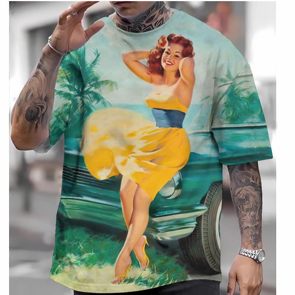 T-shirt Vintage da Uomo Sexy Bellezza Modello Stampato 3D T-shirt Casual a Maniche Corte T-shirt Oversize Abbigliamento da Uomo Top Estate