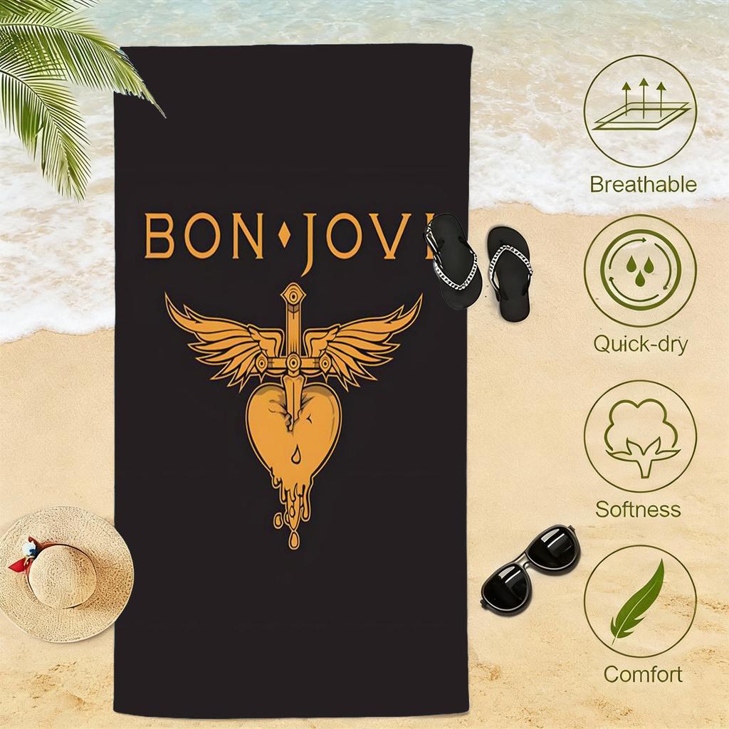 B-Bon Jovi Épée à Ailes Dorées Cœur Saignant Logo Serviette de Plage Microfibre Séchage Rapide Serviette de Bain Pour Piscine Plage Voyage Fans de Rock
