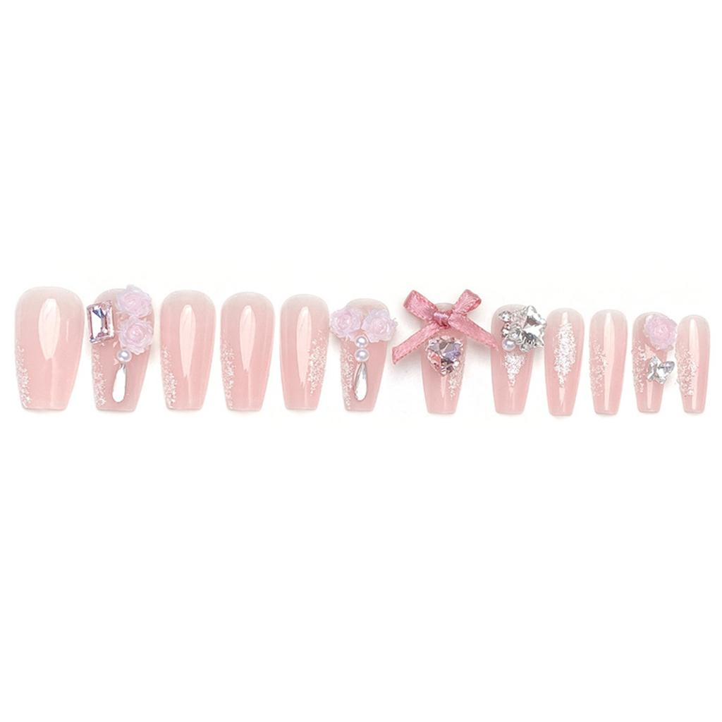 Pink Fake Nails with Rhinestone Decor Sweet & Charming Reusable False Nails for Shopping Traveling Dating
