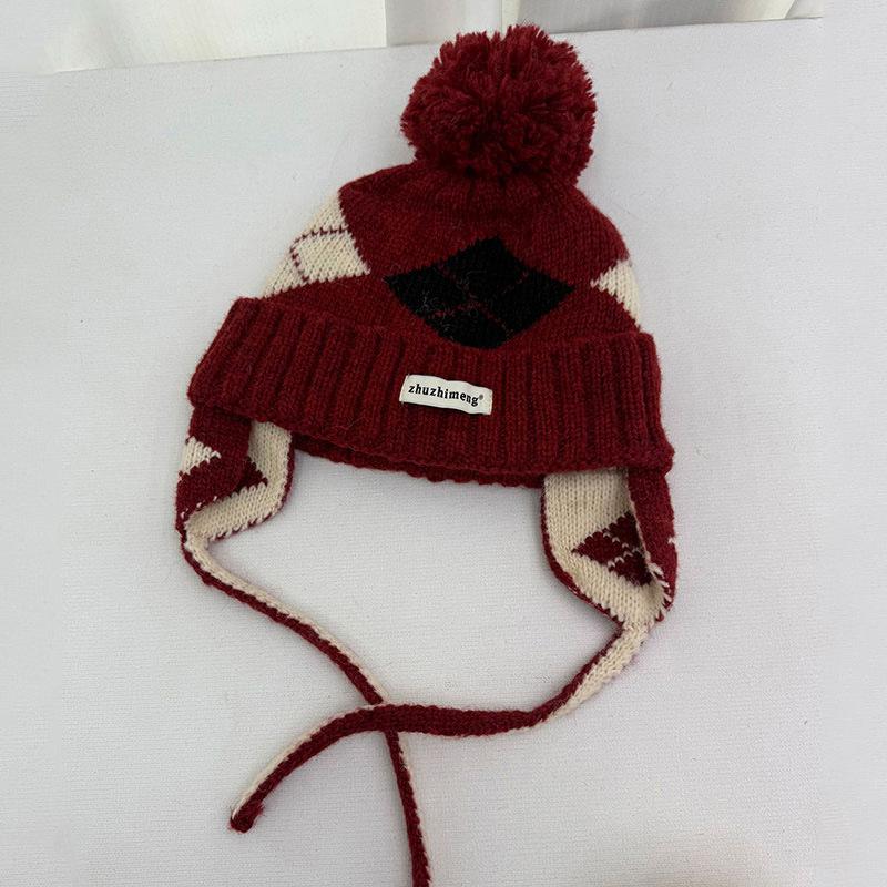 Autumn and Winter Sweet Ear Protection Knitted Hat Children's Colorful Rhombus Plaid Simple Wool Hat Warm Bald Hat