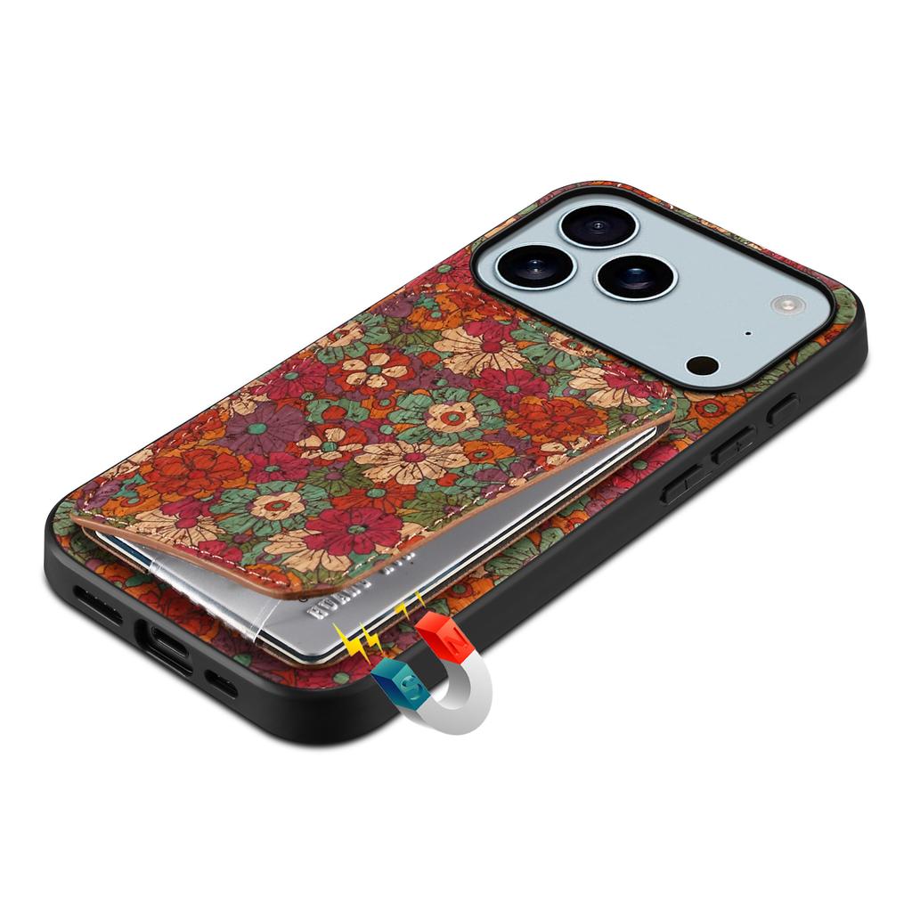 Kožený kryt pro iPhone 17 Pro Max s držákem karet, stojánkem a květinovým designem