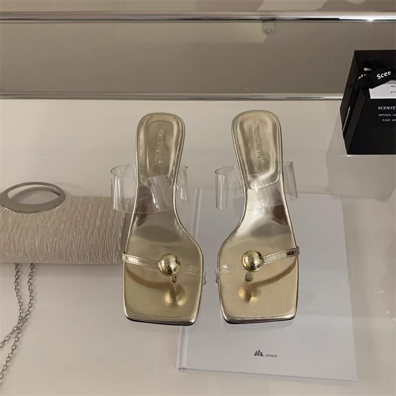 

Прозорі ПВХ босоніжки на високих підборах жіноче взуття 20254 літо нові для вулиці з закритим носком фея тонкий каблук квадратний носок круті босоніжки 40 золотий